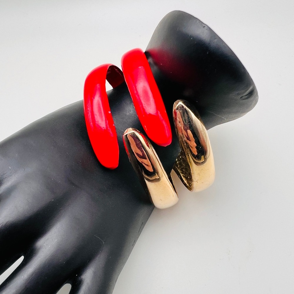 Vintage Red Enamel Hinged Bypass Cuff Bracelet Split Band Statement Gold Tone